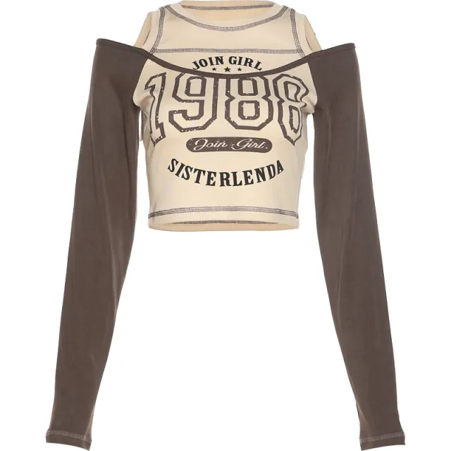 Antique Print Contrast Off Shoulder Long Sleeve Khaki - Shop at LoveMi