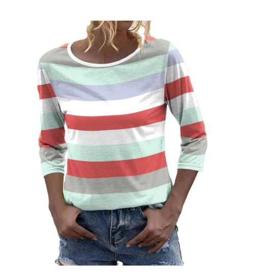 3D Printed Loose Casual Striped Round Neck Long Sleeve T-shirt