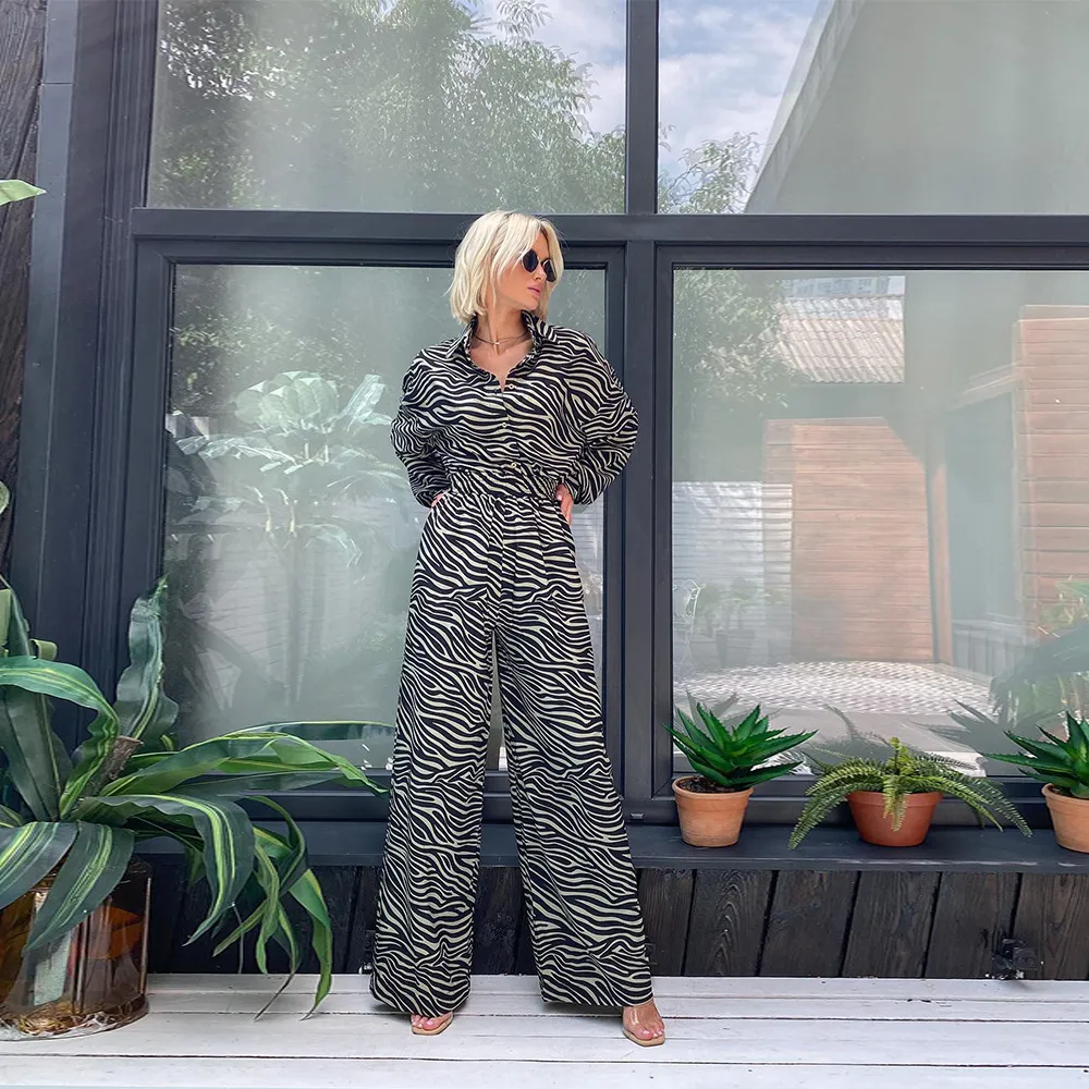 Fashion Print Lapel Long Sleeve High Waist Loose Casual Jumpsuit - Black