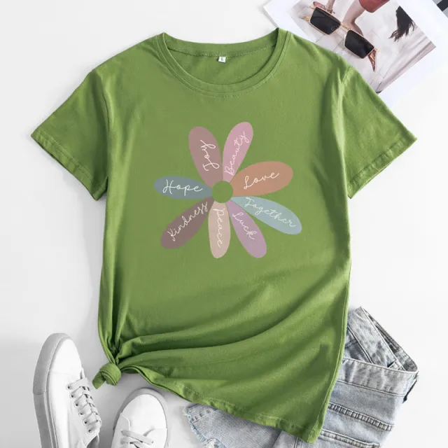 Flower Letter Fashion Round Neck Short Sleeve Army Green - Shop at LoveMi