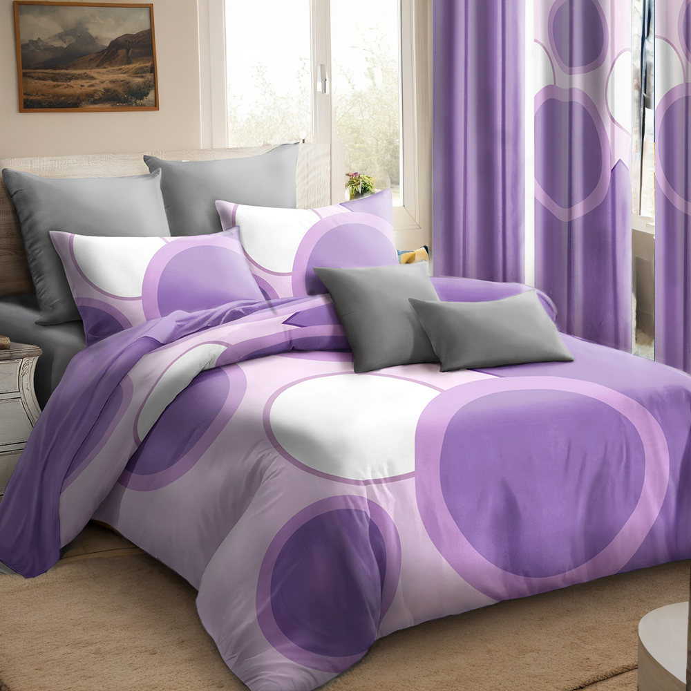 9 Piece Room In A Bag Quilt And Curtain Set, US Designer Lavender Purple Geometric Circle Print Heavyweight Bedspread With 6 Customizable Window Panels, Pet-Friendly High GSM Coverlet — foto 6