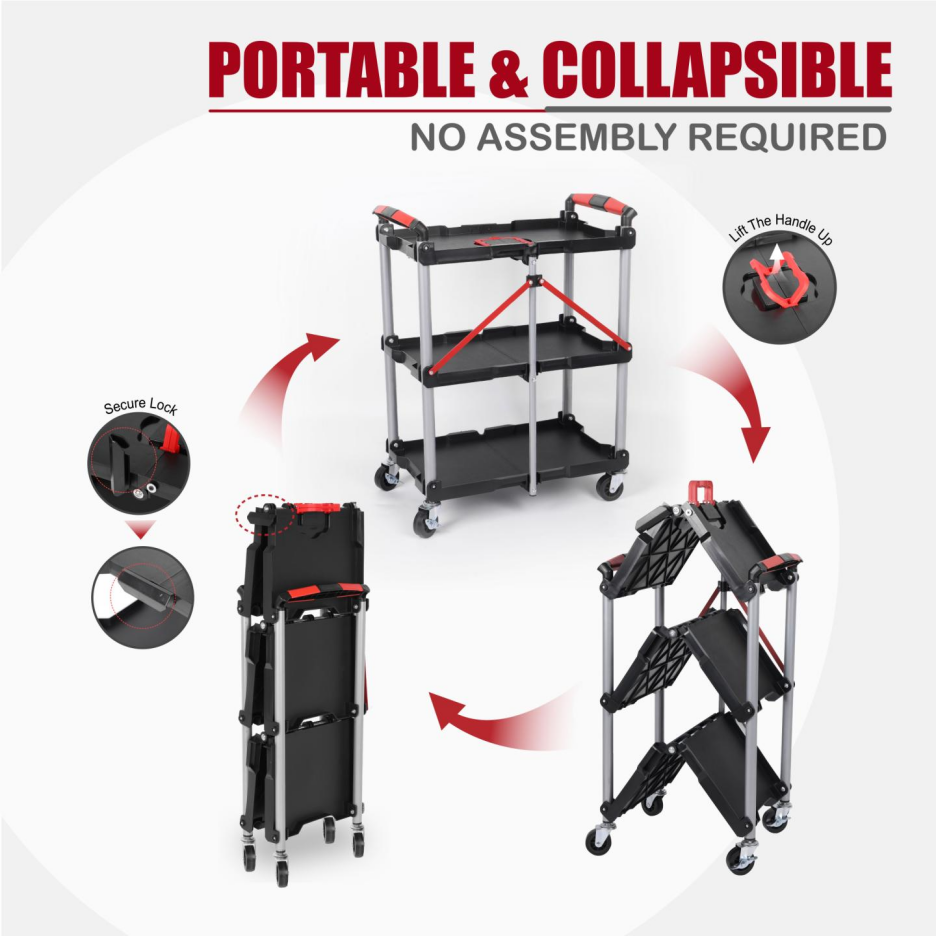 Foldable Utility Service Cart, 3 Shelf Heavy Duty Plastic Rolling Cart With... 5