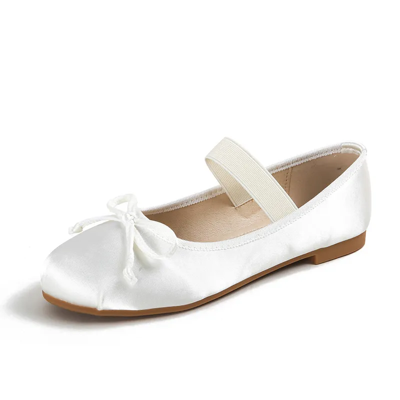 Women's Bow Tie Silk Satin Flat Shoes - White