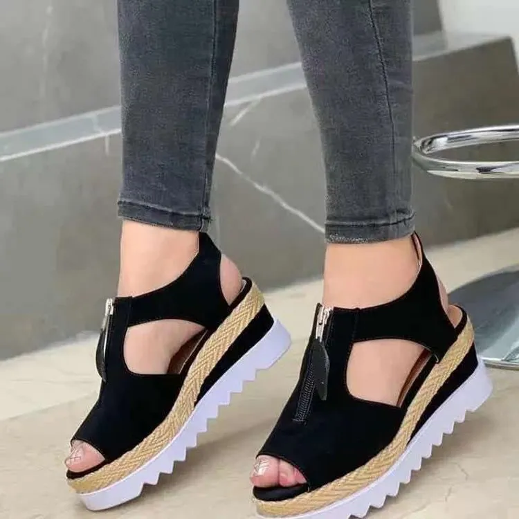 New European And American Fashion Casual Flat Wedge Fish Mouth Sandals - Black