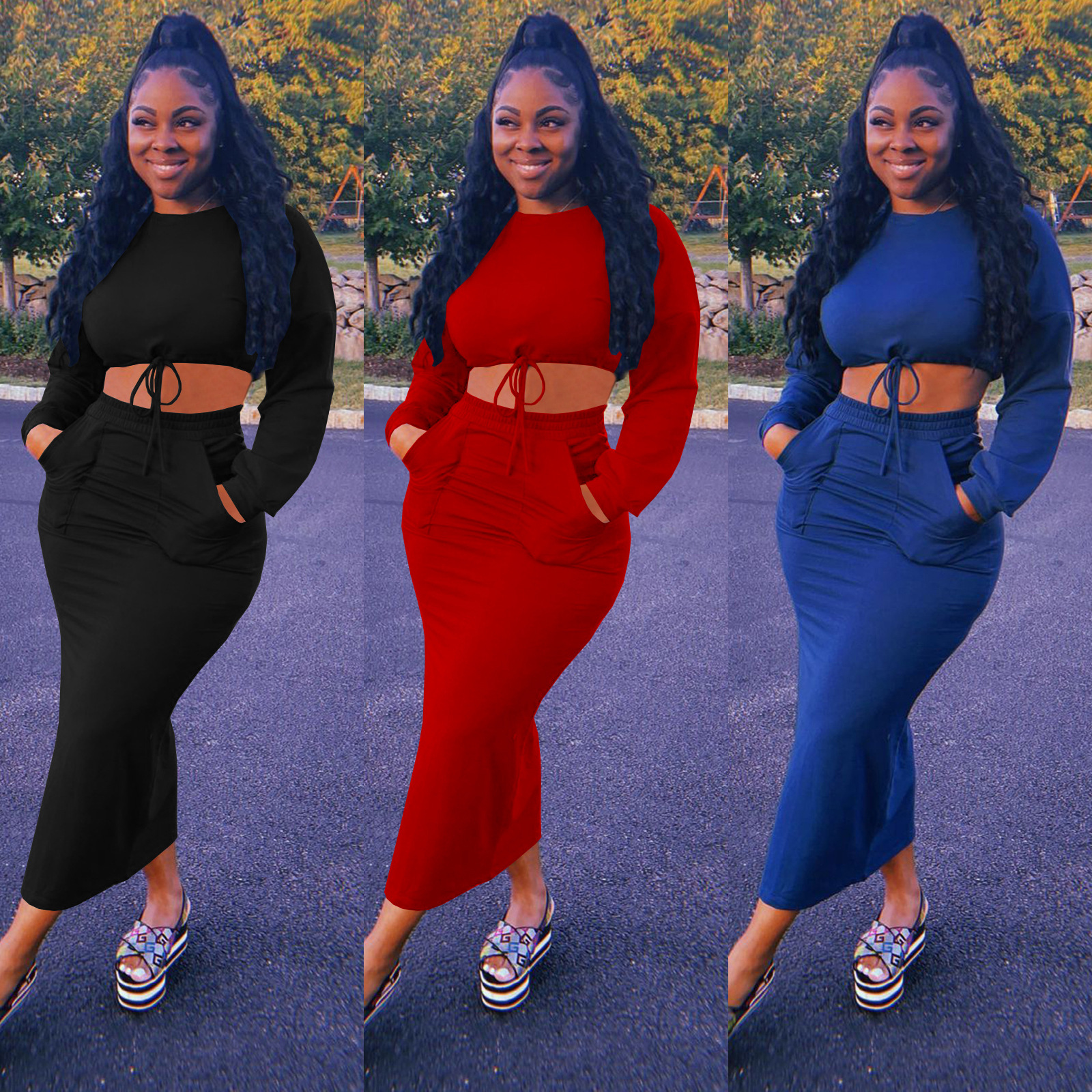 Women's Fashion Casual Solid Color Long Skirt Two-piece Set