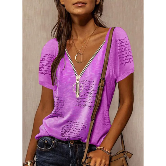 Women's Zipper Casual Top V neck Printed Short sleeved T shirt Purple - Shop at LoveMi