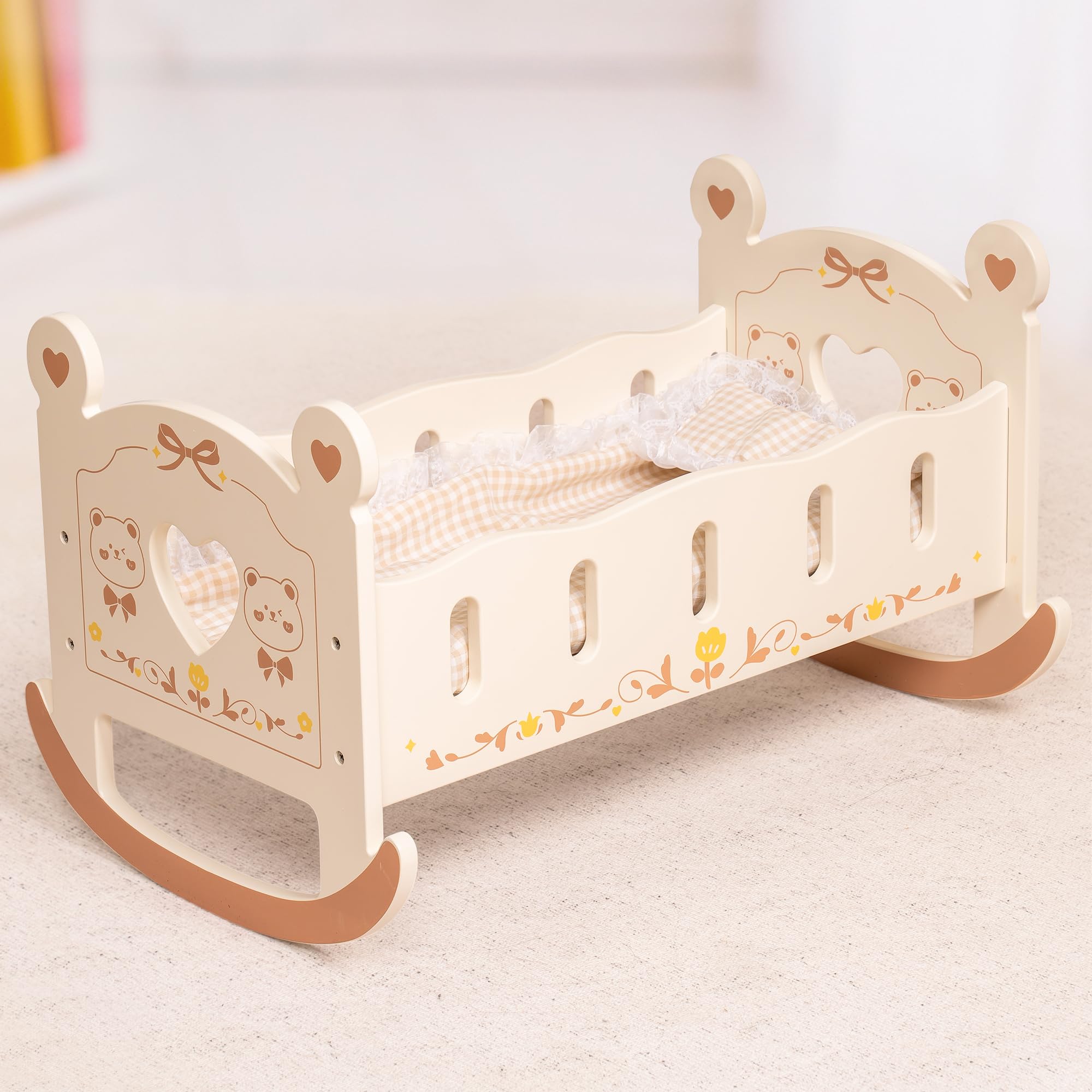 wooden baby doll cradle with bedding for 18 inch dolls