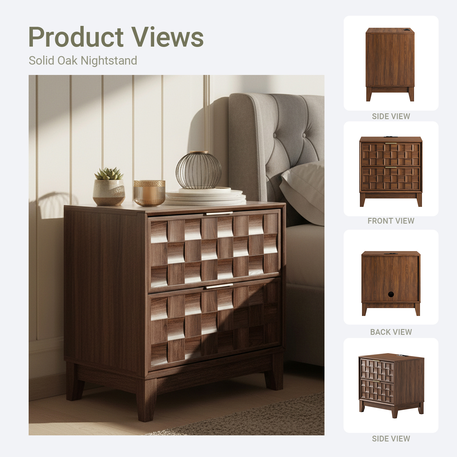 Night Stand With Charging Station, Wooden Nightstand Bedside Table, 2 Drawers With Chessboard Relief And Charger, Oak - 4