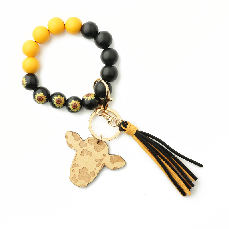 Title 9, Wooden Beads Bracelet Bull Head Keychain