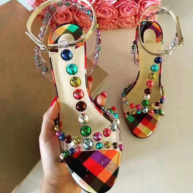 Bubble trimmed PVC Color Round Bead Rivets T strap High heeled Sandals With Stiletto Heels Color 43 - Shop at LoveMi