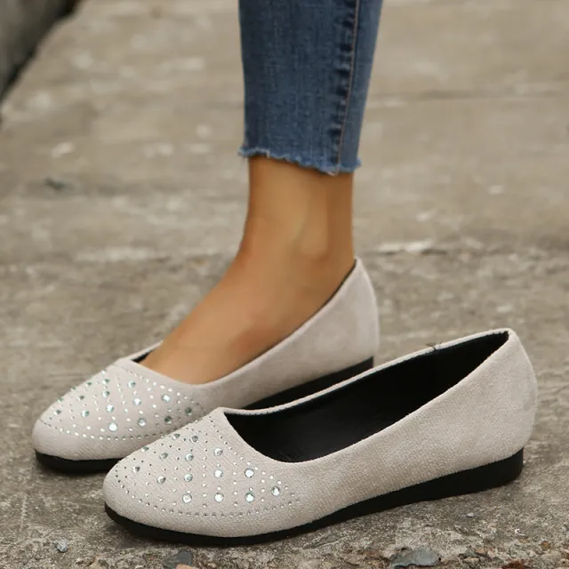 Fshion Flats Shoes With Rhinestones Casual Round Toe Loafers Cozy Shoes For Women Beige - Shop at LoveMi