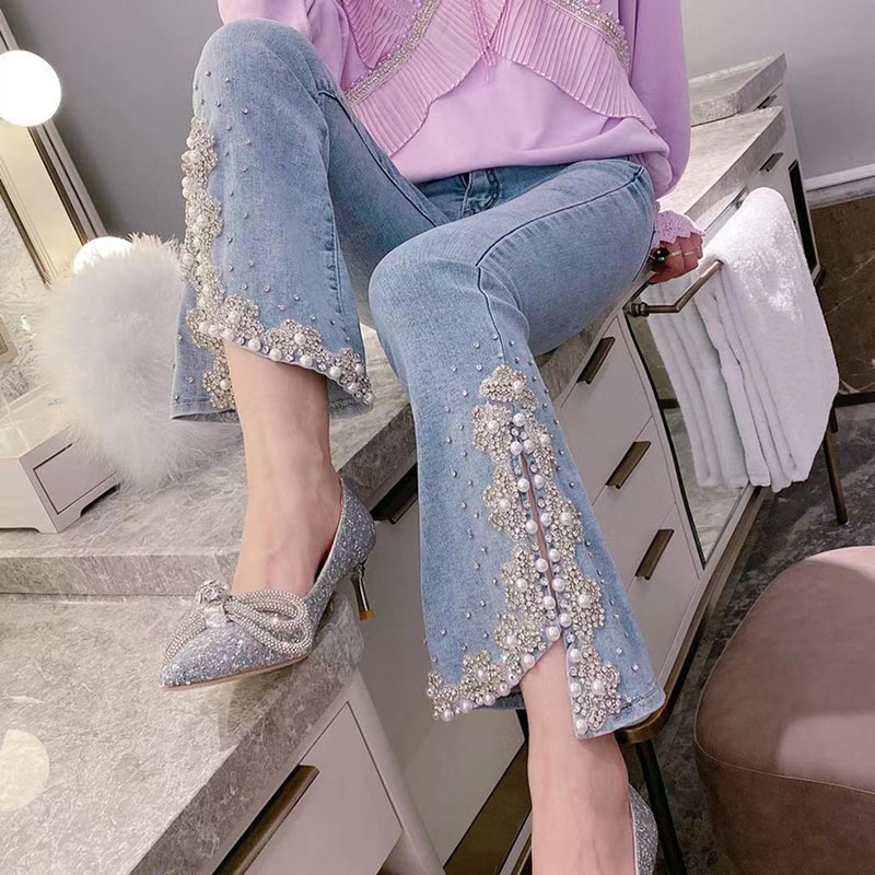 Heavy Industry Diamond-studded Bead Slit Micro-flared Pants