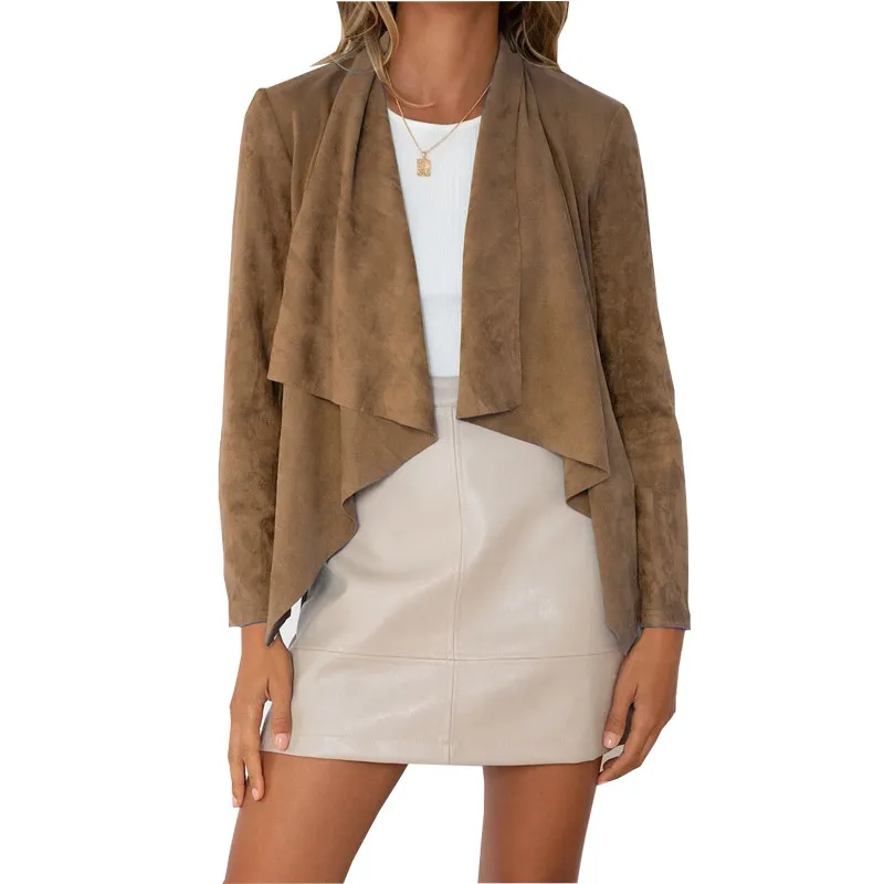 Temperament Lapel Solid Color Faux Deerskin Velvet Casual Jacket - Brown