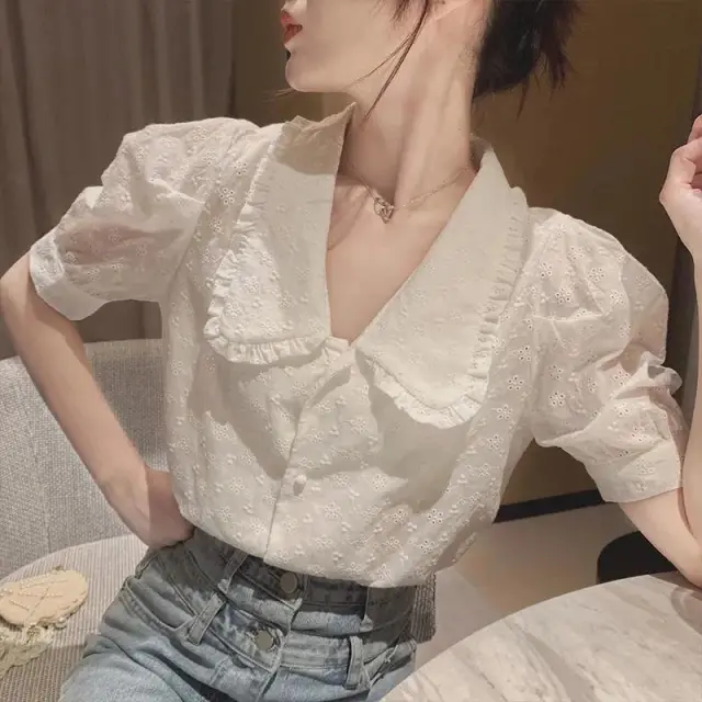 Doll Collar Purple Shirt Bubble Short Sleeves White - Shop at LoveMi