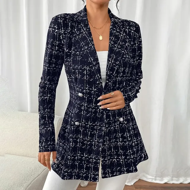 Elegant Women's Plaid Double Breasted Blazer, Notch Lapel Long Sleeve Tweed Jacket For Office And Casual Wear Blue - Shop at LoveMi