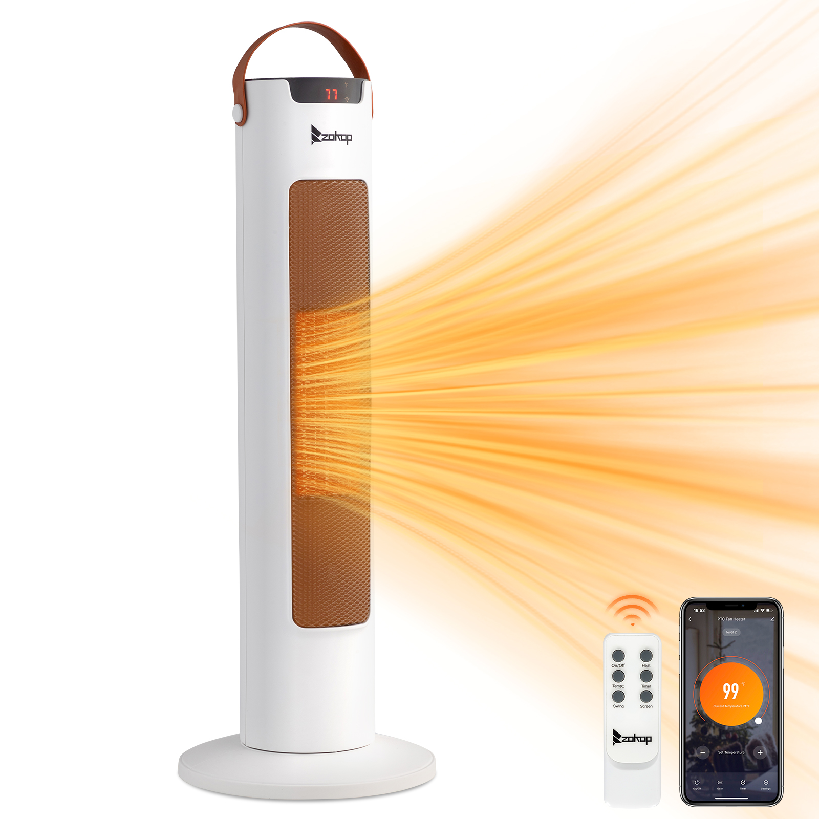 24Inch Tower Space Heater, 1500W Smart Electric Heater With Thermostat, WiFi APP & Remote Control, 60 Degrees Oscillation, 9H Timer, For Indoor Bedroom Office Home, White