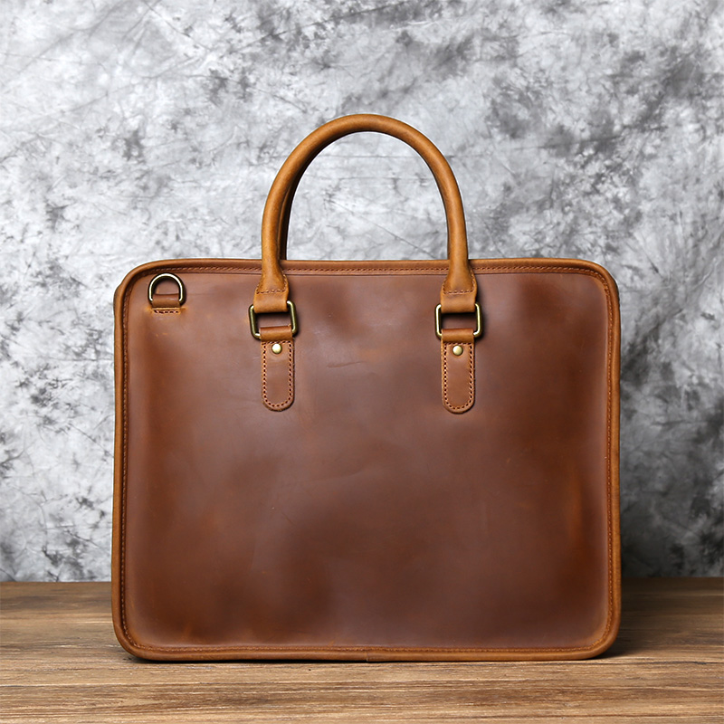Vintage Casual Crazy Horse Leather Handmade Men's Leather Handbag Brown - Shop at LoveMi