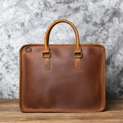 Vintage Casual Crazy Horse Leather Handmade Men's Leather Handbag - Brown - View 1