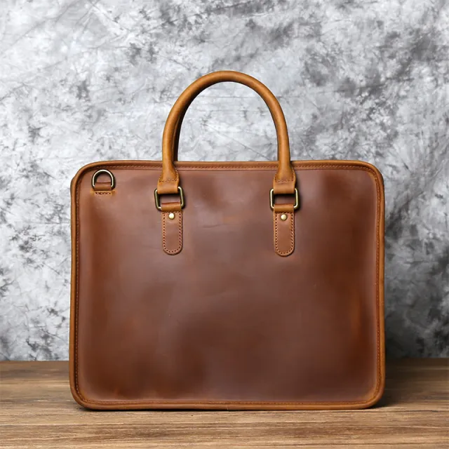 Vintage Casual Crazy Horse Leather Handmade Men's Leather Handbag Brown - Shop at LoveMi