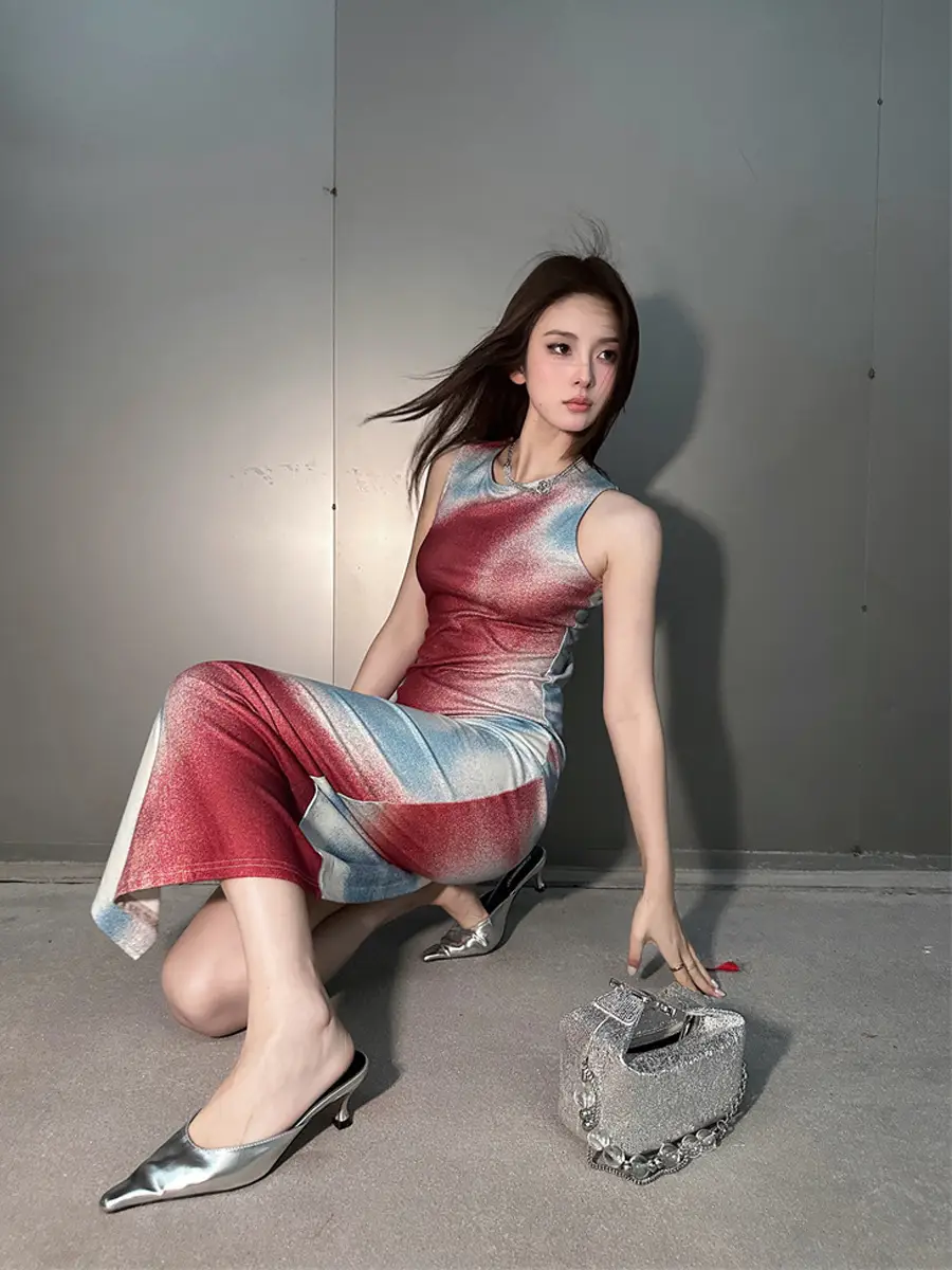 Printed Slit Hot Girl Sleeveless Vest Dress