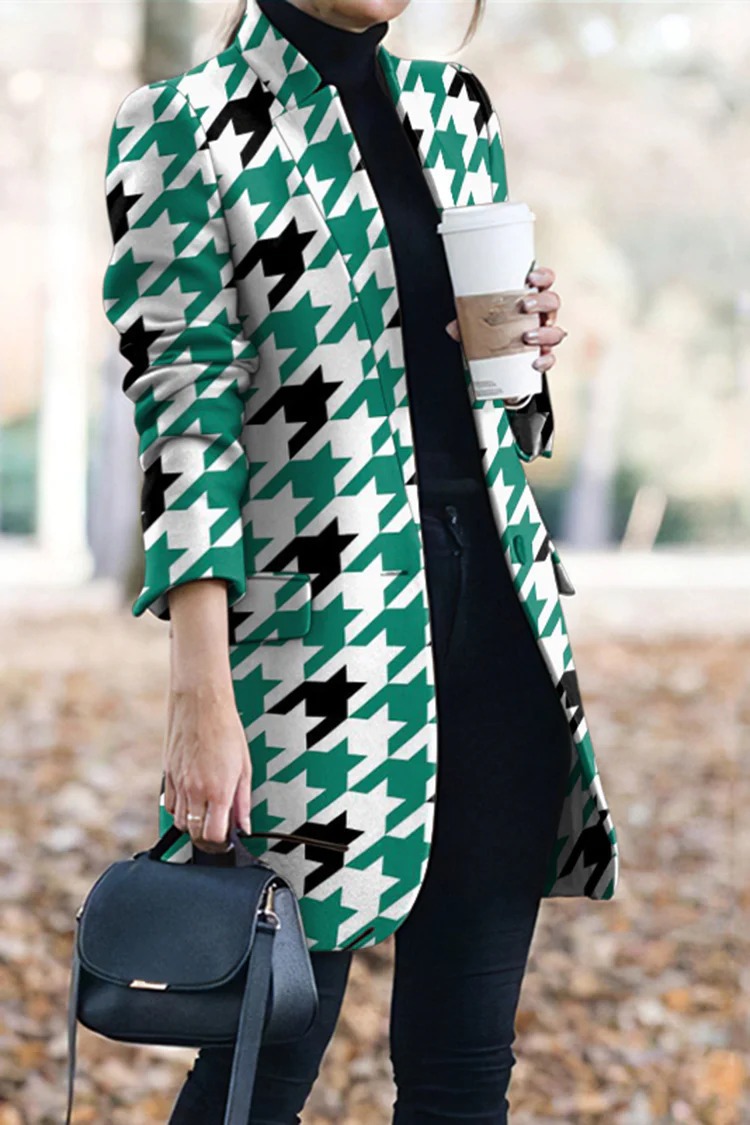 Women's Fashion Print Stand Collar Woolen Coat