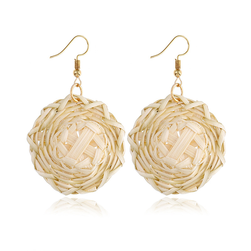 Wood, Bamboo And Rattan Handmade Straw Woven Geometric Hollow Rattan Earrings Retro Earrings