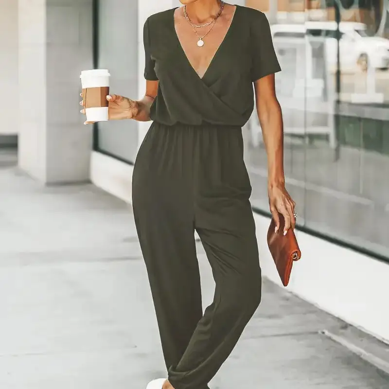Cross V-neck Short Sleeved Lace Up Pocket Casual Jumpsuit