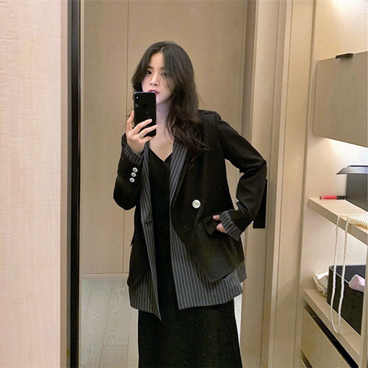Black Small Suit Jacket Korean Casual Design Niche Stripes