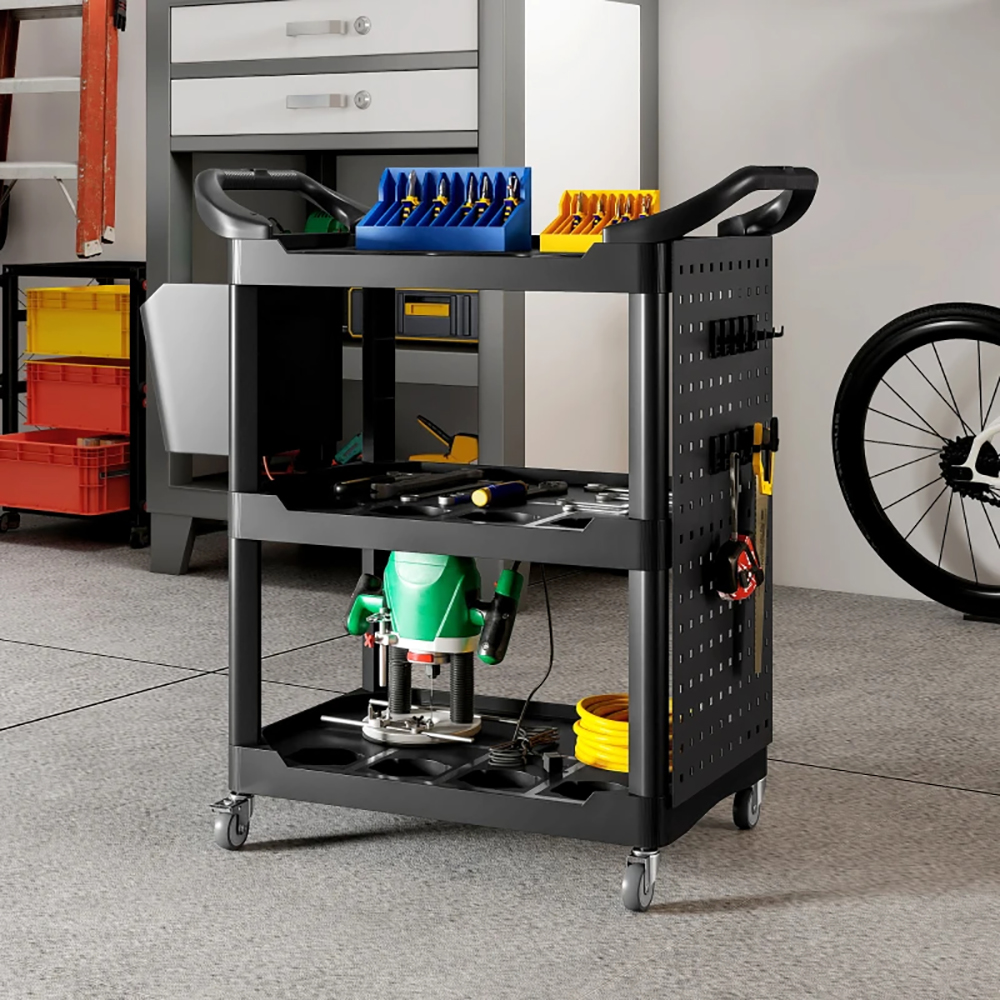3-Tier Rolling Tool Cart, 200 LBS Capacity Plastic Utility Cart With Side Shelf And Storage Bucket, Tikt0k Sales Prohibited