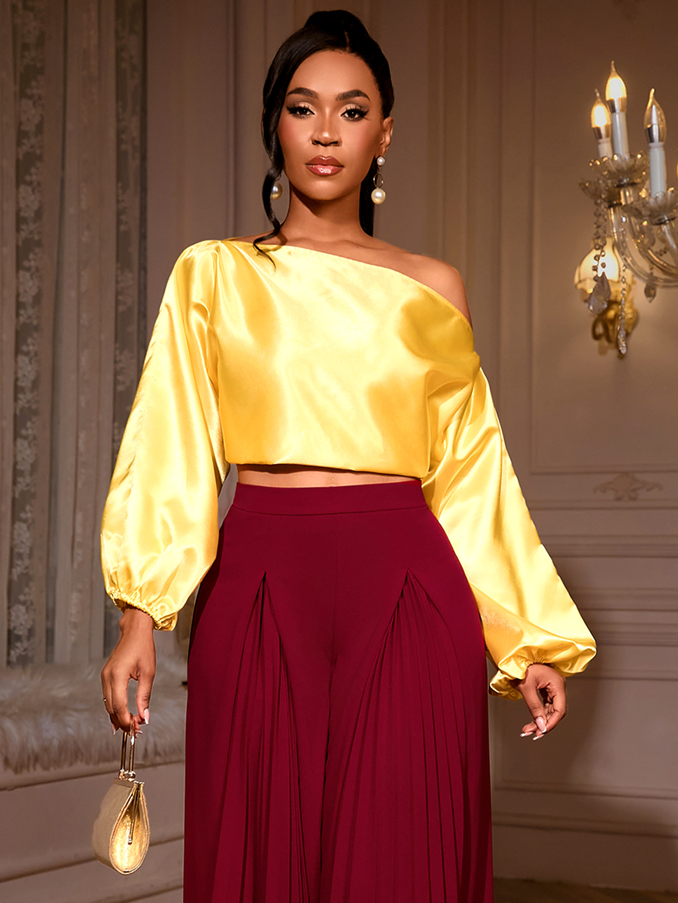 One Shoulder Balloon Puff Sleeve Cropped Blouse