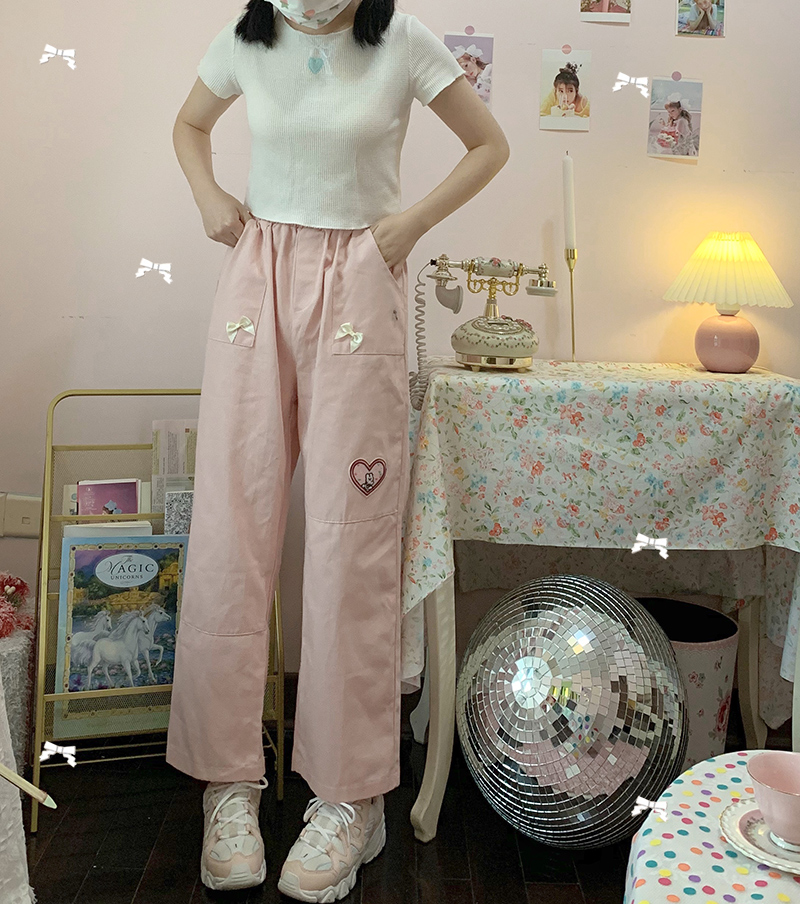 Wide Leg Pants Love Patch Bow StraightStudent Casual Versatile Showing Thin Soft Girl