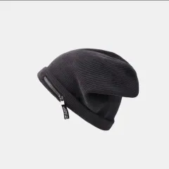 Women's Knitted Hat Autumn And Winter Personality Zipper Loose American Style - Black - View 1