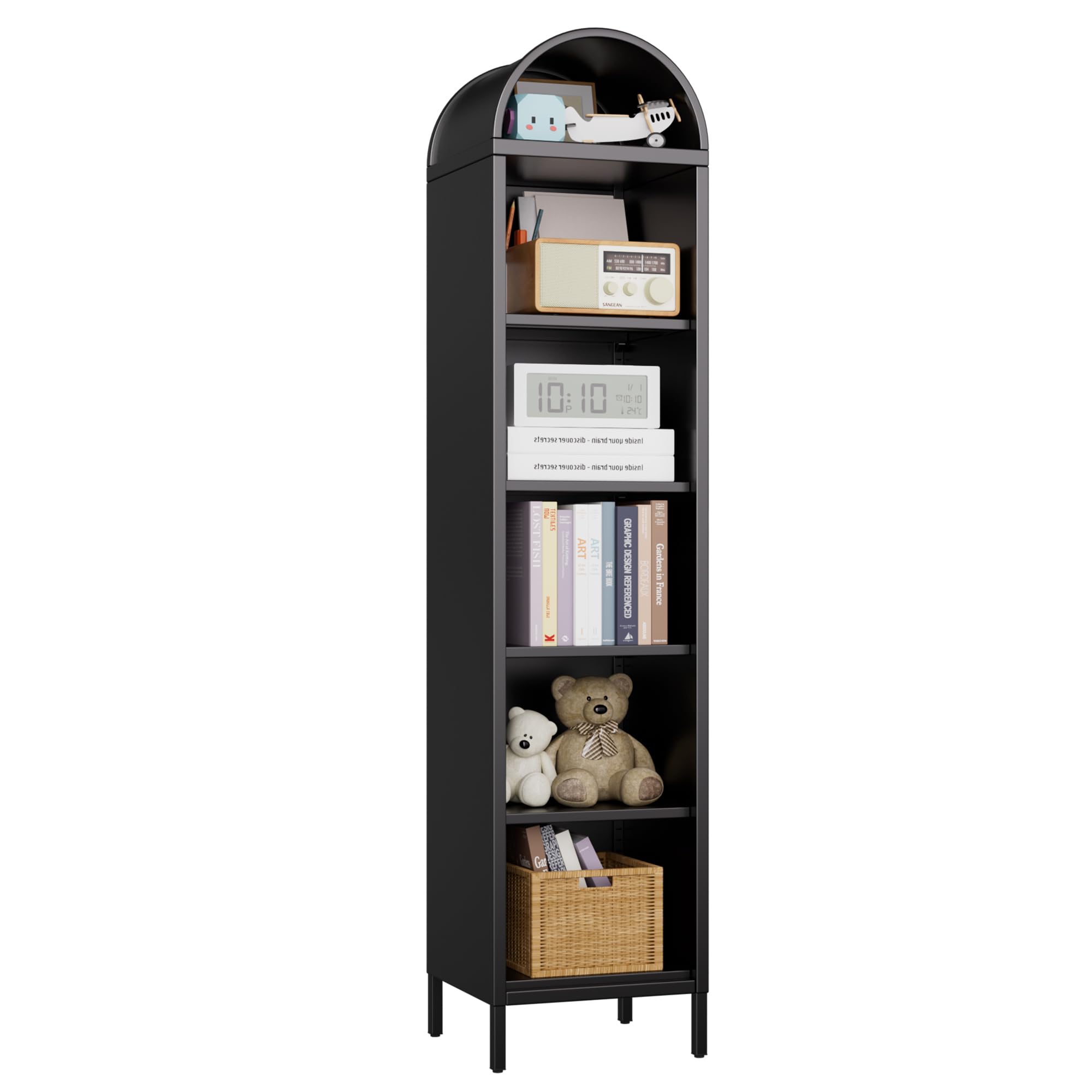 73''H Narrow Arched Bookshelf,6-Tier Metal Arch Bookcase,Freestanding Storage Organizer With 4 Shelves,Open Display Shelves For Living Room,Entryway,Bathroom,Black,Assembly Required