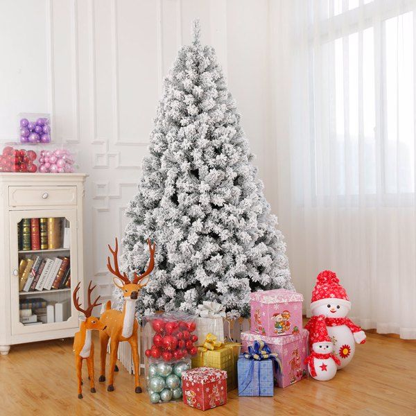 7 FT Pre-lit Snow Flocked Christmas Tree, Artificial Hinged Xmas Pine Tree With 1000 Branch Tips, 400… image 9