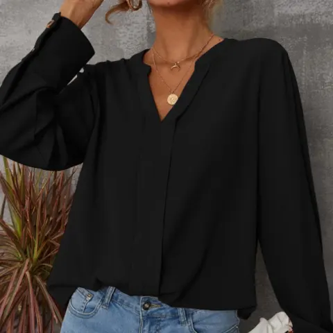 Solid Notched Buttoned Cuff Blouse