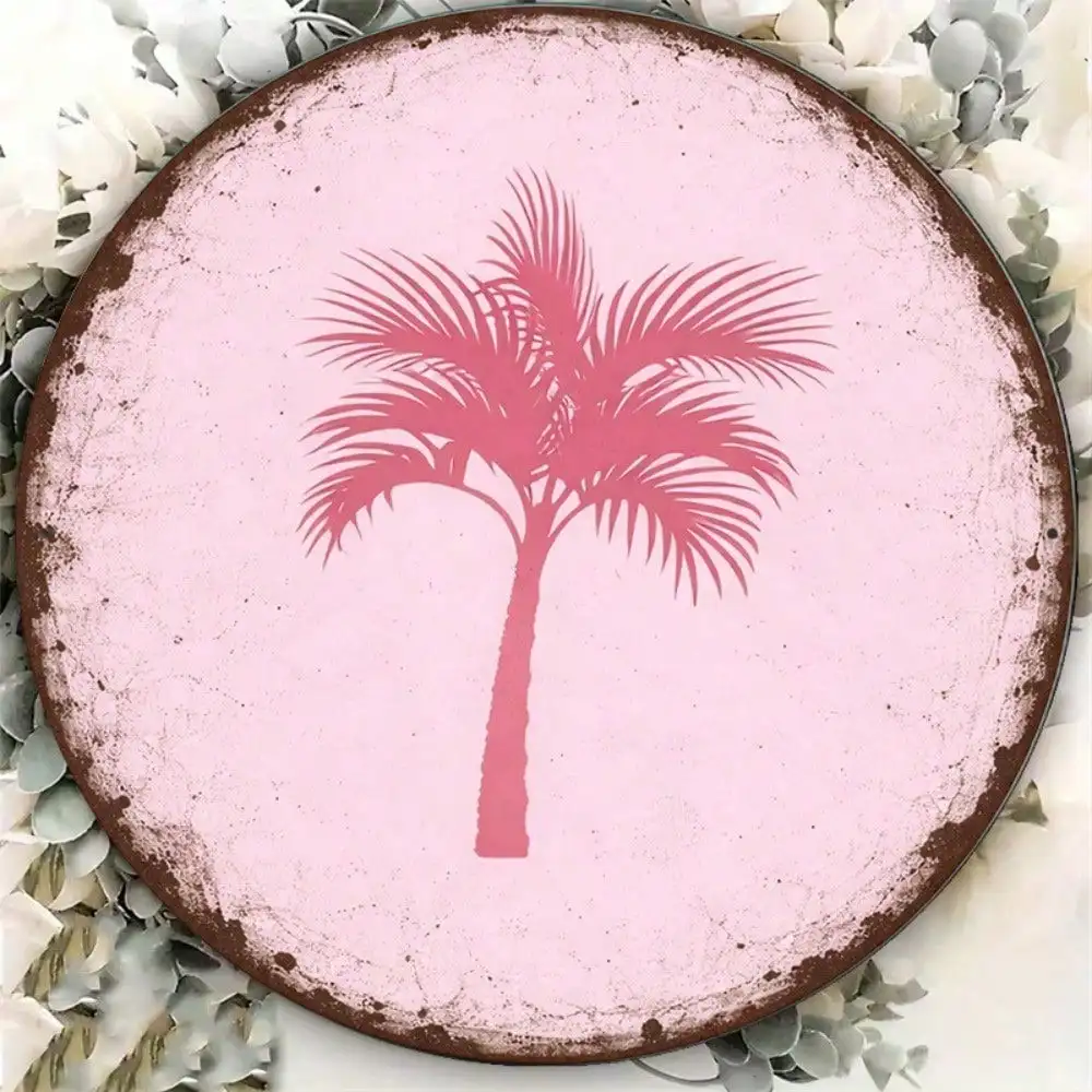 8x8in Vintage Palm Tree Round Sign Hawaiian
