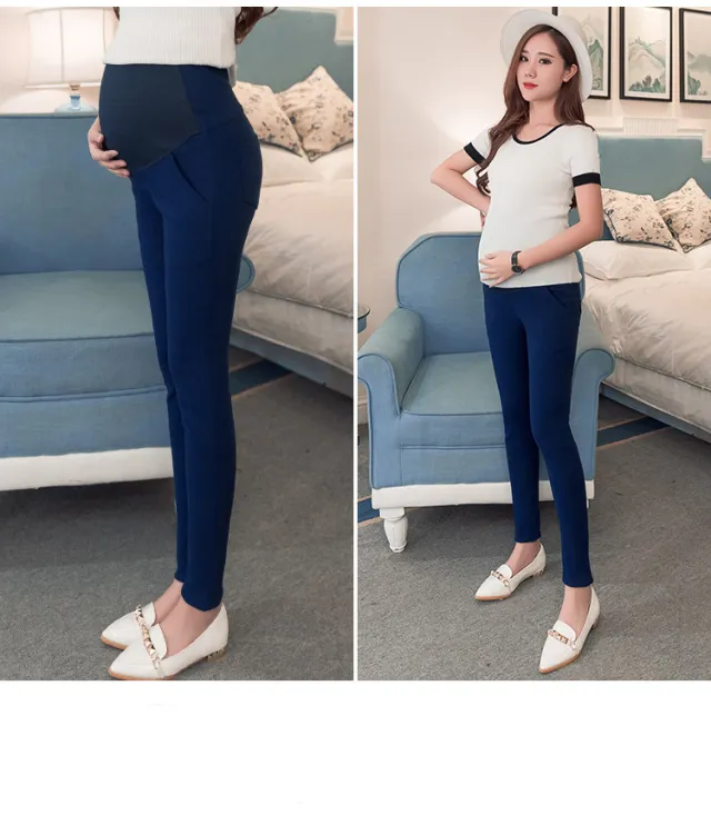 Slim Simple High Waist Pregnant Belly Lift Pants Pencil Pants Navy Blue - Shop at LoveMi