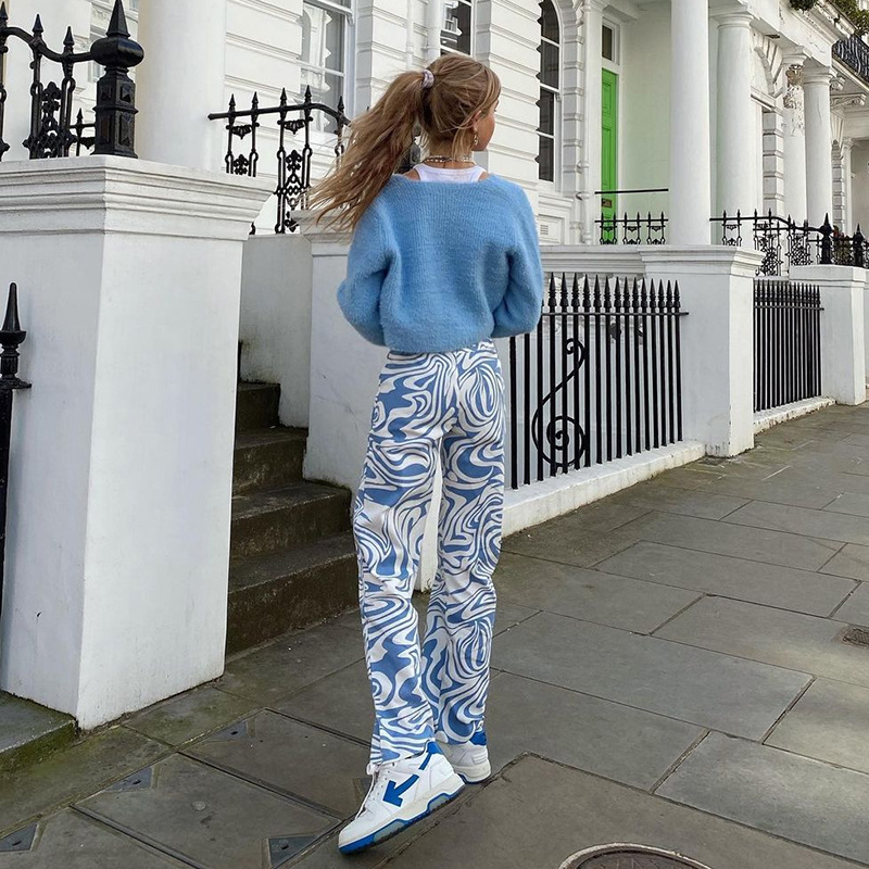 Title 1, Fashion Blue Zebra Print Straight-leg Casual Pants