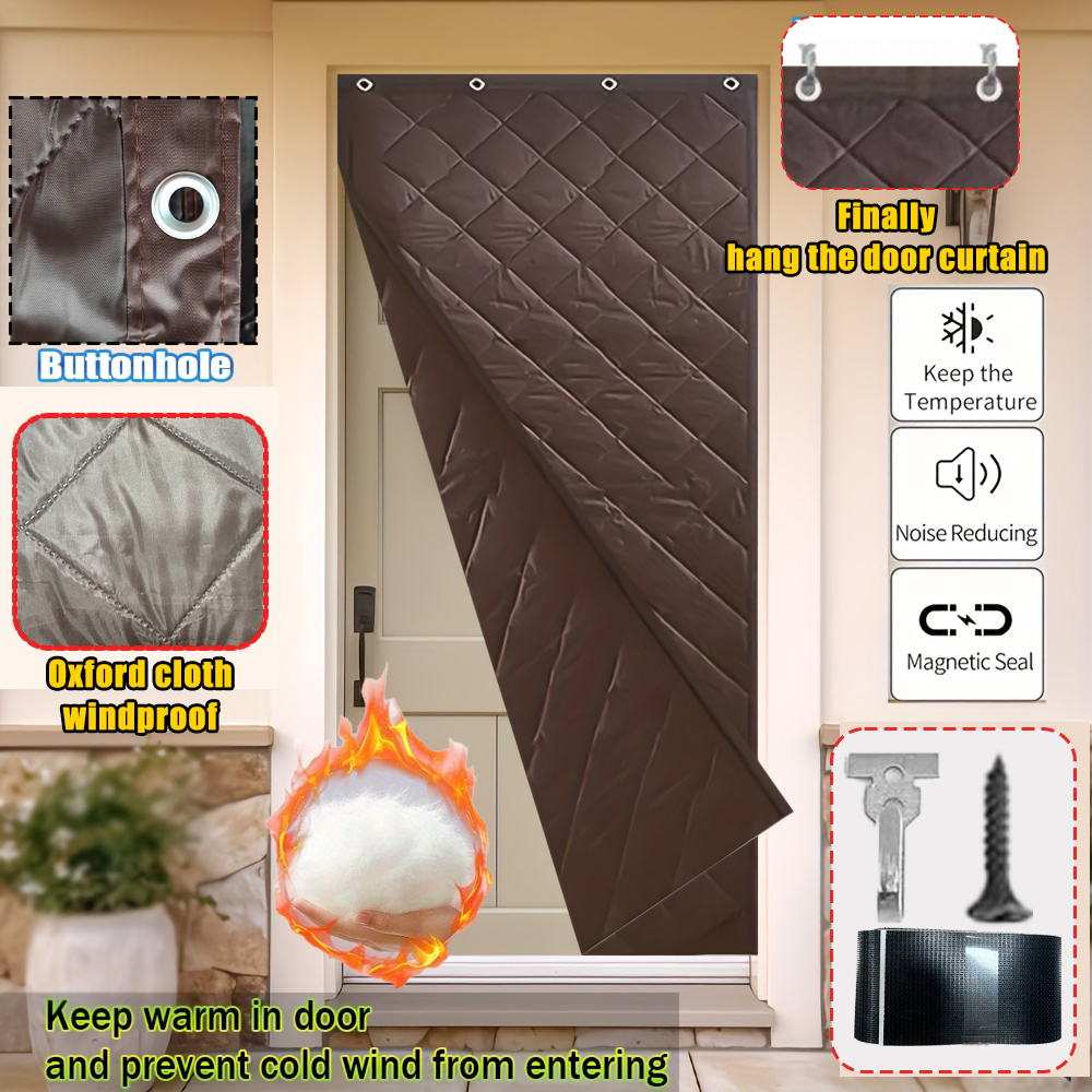 Brown Diamond Stitching Oxford Fabric Insulated Door Curtain, Magnetic Edge Seal Windproof Noise Reduction Thermal Door Drape, Equipped With Hooks Screws Hook-and-loop Fastener For Easy Mounting, Cold