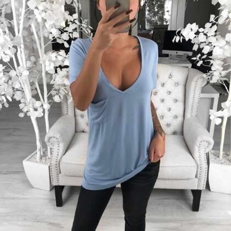 Title 2, Solid Color V-neck Chest Pocket Casual Top Wome...