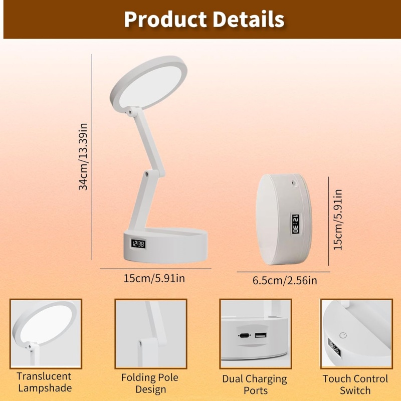 Foldable Book Lamp With LED Clock & Touch Control Night Light For Office, Bedroom, Study