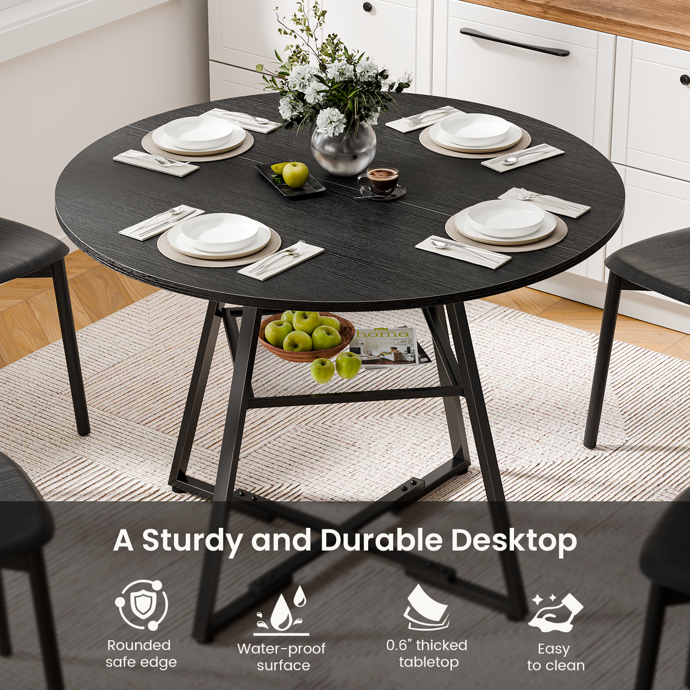 Round Table, Suitable For 4 To 6 People, A Space-saving Kitchen Table With Double-layer Storage Function, Metal Base Frame