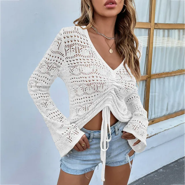 V Neck Drawstring Flare Sleeve Sweater White - Shop at LoveMi