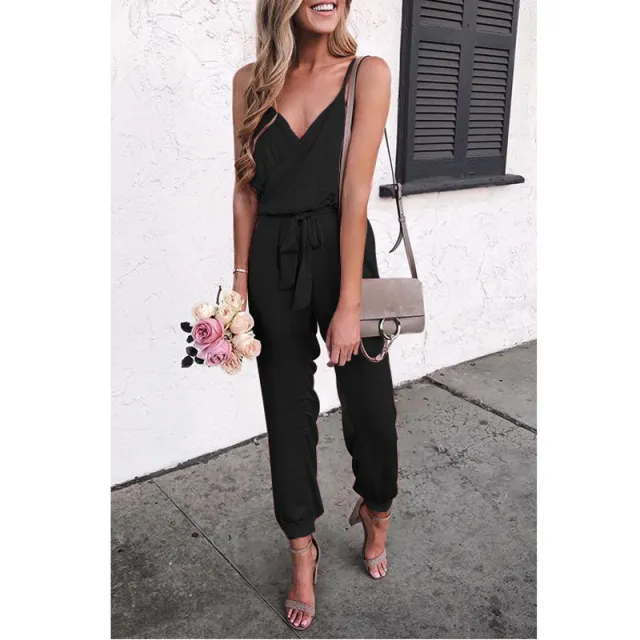 Women Solid Color Suspender Belt Jumpsuit Black - Shop at LoveMi