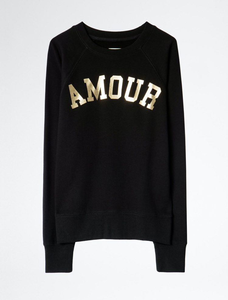 Women's AMOUR Letter Stamped Printed Cotton Black Sweatshirt Top