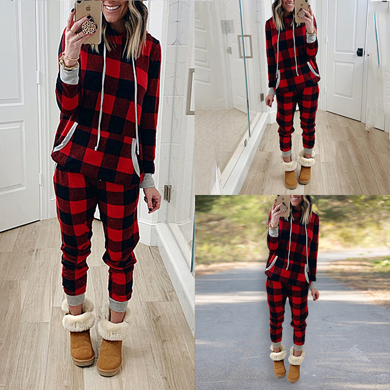 Plaid Printed Long-Sleeved Hooded Casual Sweater Home Service Suit