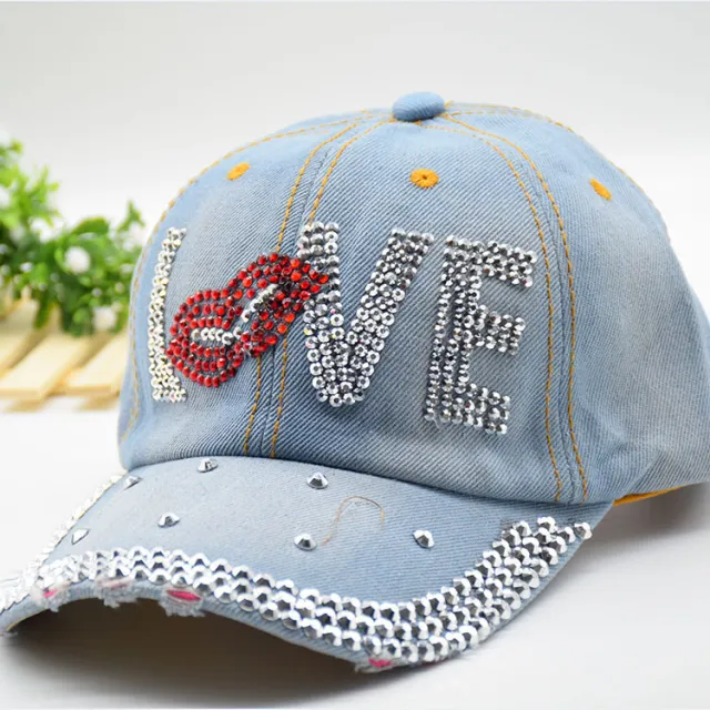 Rhinestone Cowboy Hat Female Peaked Hat Summer Street Light Blue - Shop at LoveMi