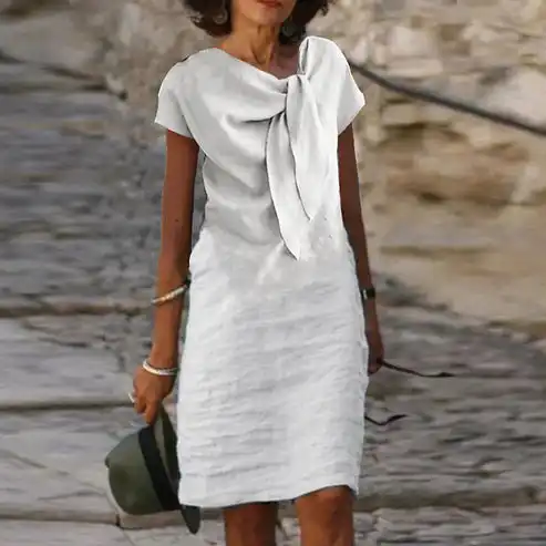 Women's Round Neck Tie Short Sleeved Solid Cotton Linen Dress