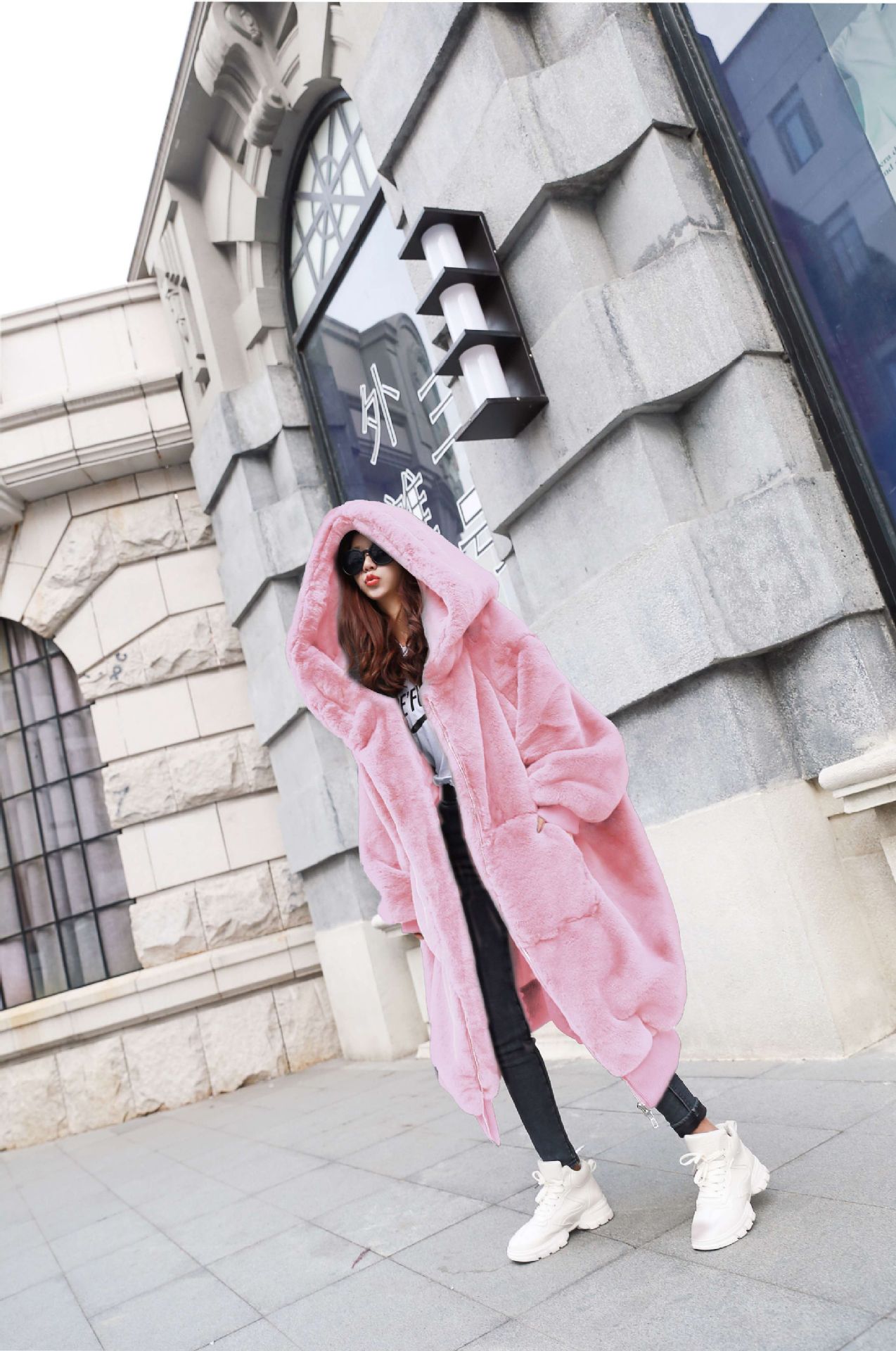 Rex Rabbit Fur Thickened Long Hooded Fur Coat Women Pink - Shop at LoveMi