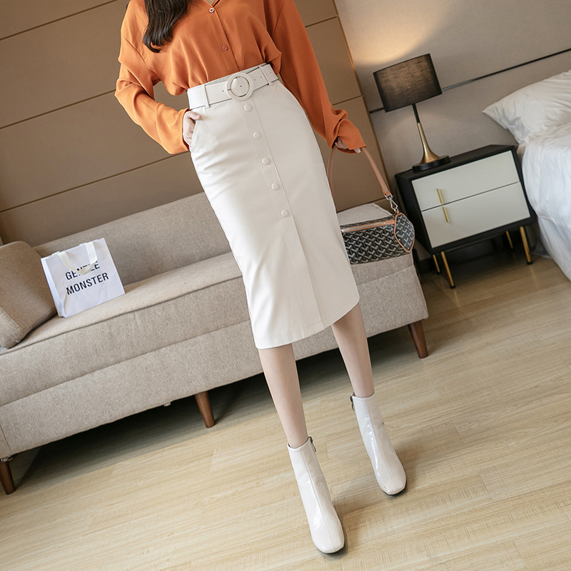 Title 5, PU Mid-length package hip skirt with belt